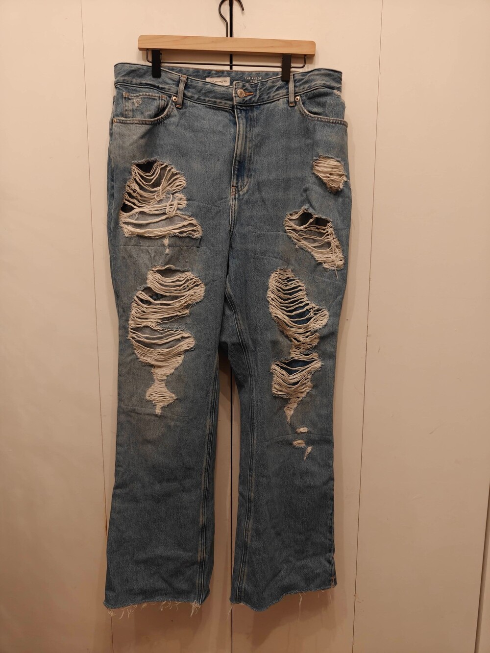 The Khloe Jean Size 15 Light Wash Distressed Super High Rise Straight Jeans